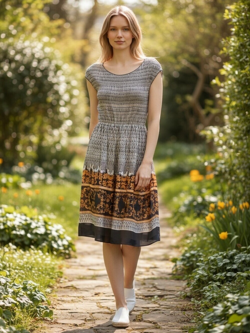Max Studio Specialty Cap-Sleeve Midi Dress with Gold Scroll Border Size Medium - Picture 9 of 9